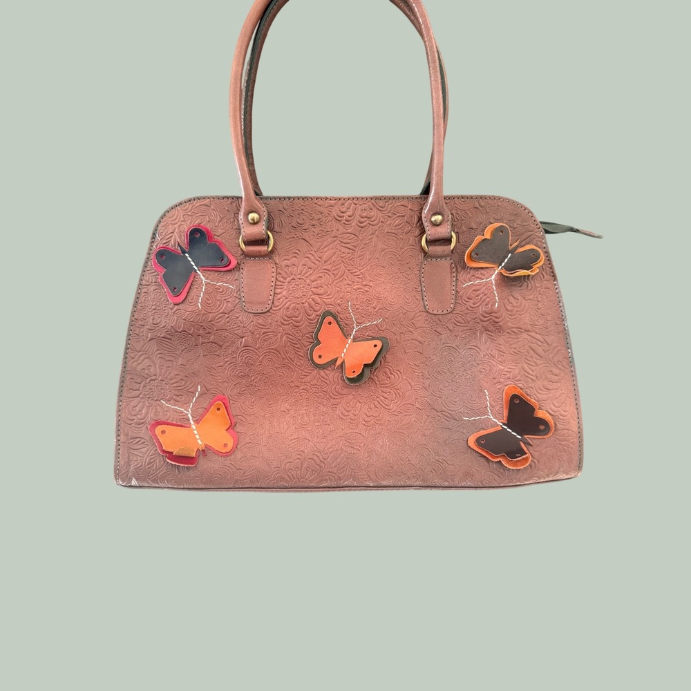 Floral Tooled Leather Satchel Handbag‎ 3D Butterfly Applique Brown Boho Tote